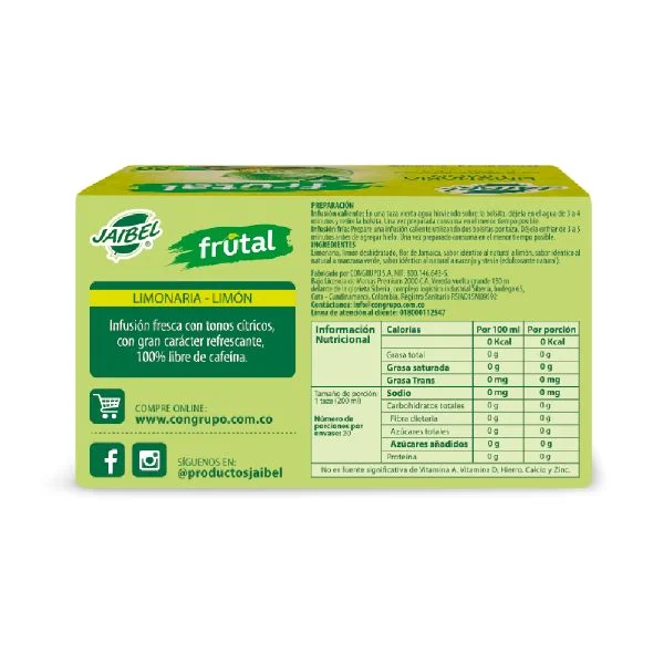 JAIBEL FRUTAL LIMONARIA- LIMÓN X 20 SOBRES - Imagen 2